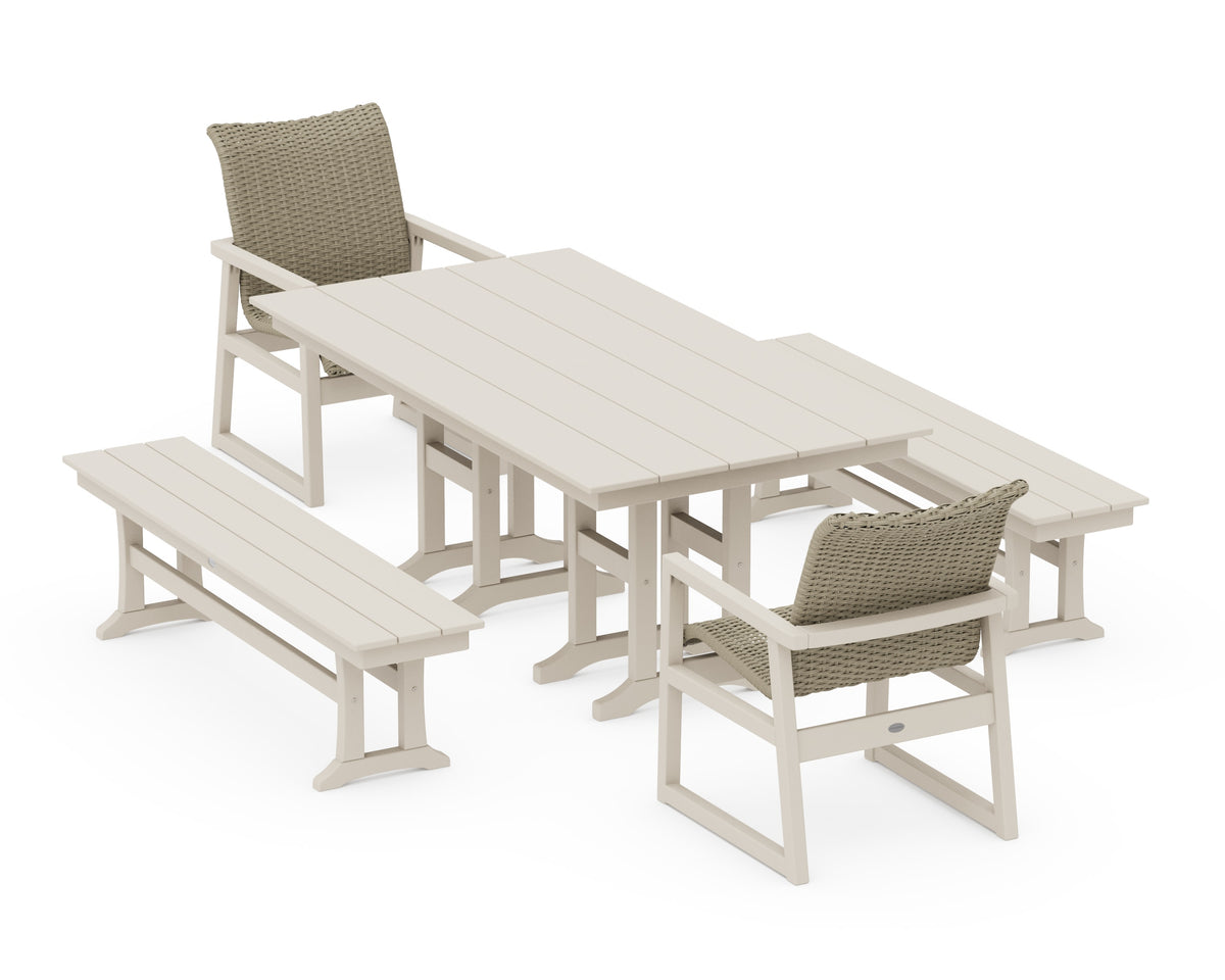 POLYWOOD EDGE Woven 5-Piece Farmhouse Dining Set with Benches in Sand / Dune Grass
