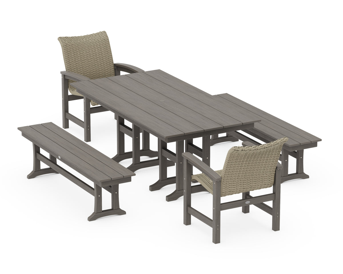 POLYWOOD Coastal Woven 5-Piece Farmhouse Dining Set with Benches in Driftwood / Dune Grass
