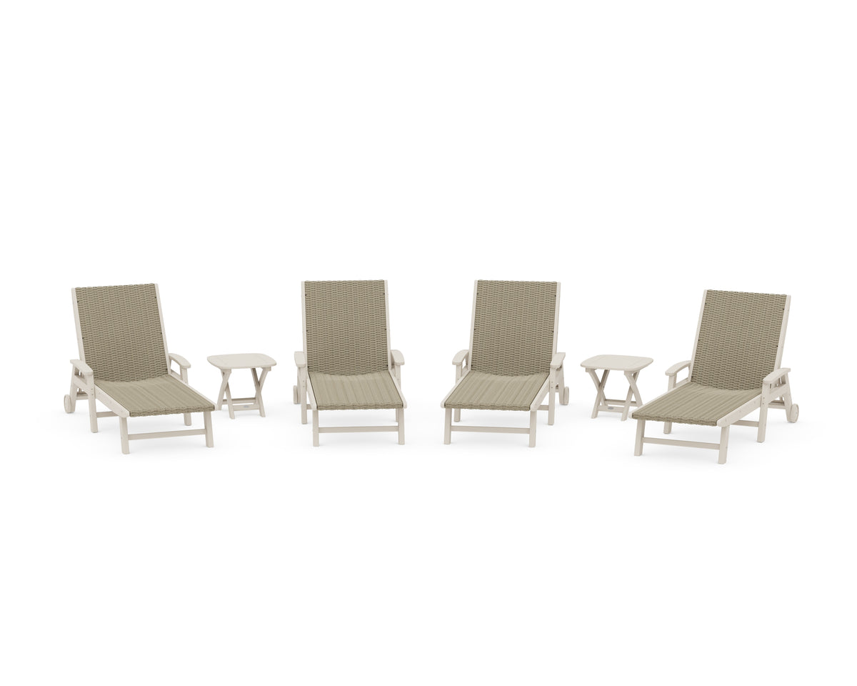 POLYWOOD 6-Piece Coastal Woven Chaise with Arms and Wheels Lounge Set in Sand / Dune Grass