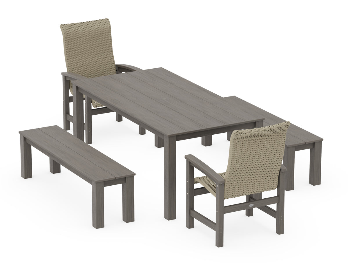 POLYWOOD Coastal Woven High-Back 5-Piece Parsons Dining Set with Benches in Driftwood / Dune Grass
