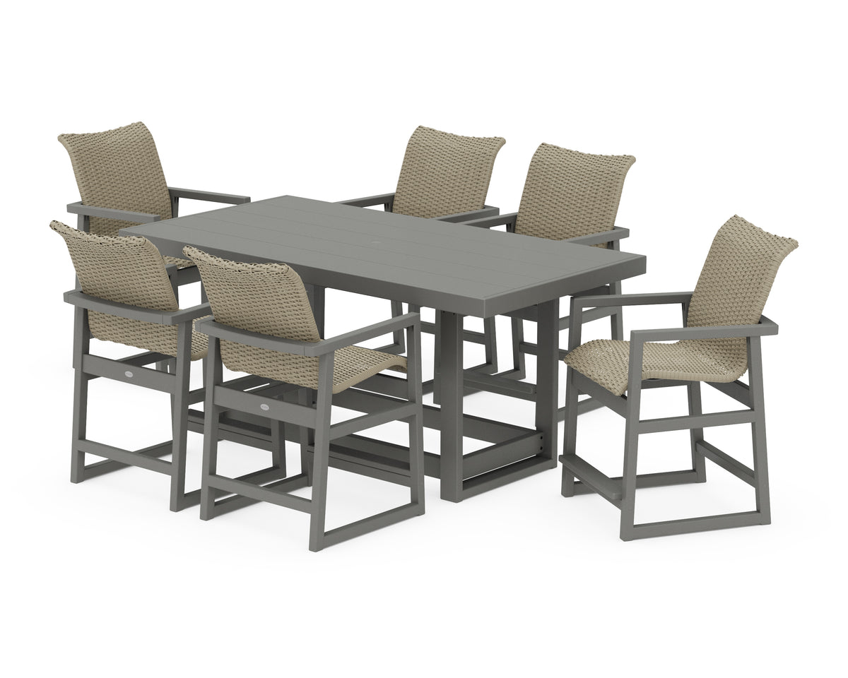 POLYWOOD EDGE Woven Arm Chair 7-Piece Counter Set in Slate Grey / Dune Grass