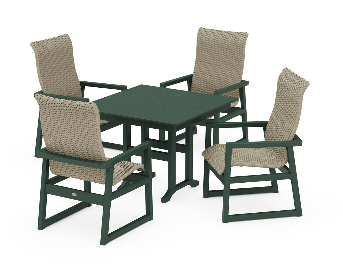 POLYWOOD EDGE Woven High-Back 5-Piece Farmhouse Dining Set in Green / Dune Grass