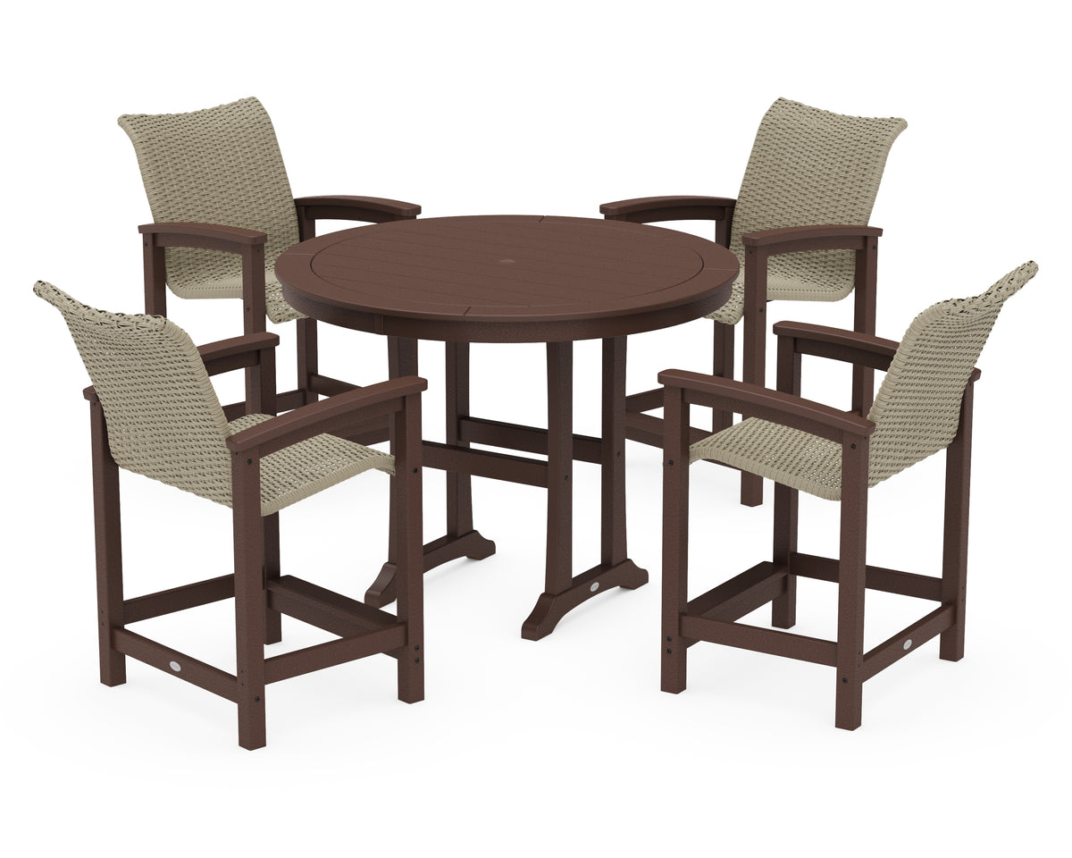 POLYWOOD Coastal Woven 5-Piece Round Counter Set in Mahogany / Dune Grass