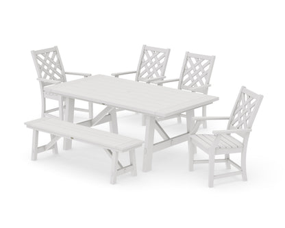 POLYWOOD Wovendale 6-Piece Rustic Farmhouse Dining Set with Bench in Vintage White