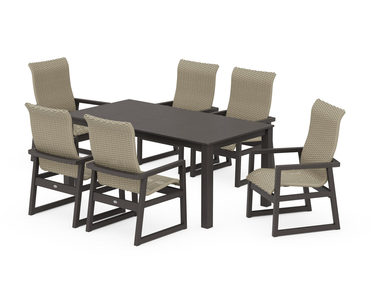 POLYWOOD EDGE Woven High-Back Arm Chair 7-Piece Parsons Dining Set in Vintage Coffee / Dune Grass