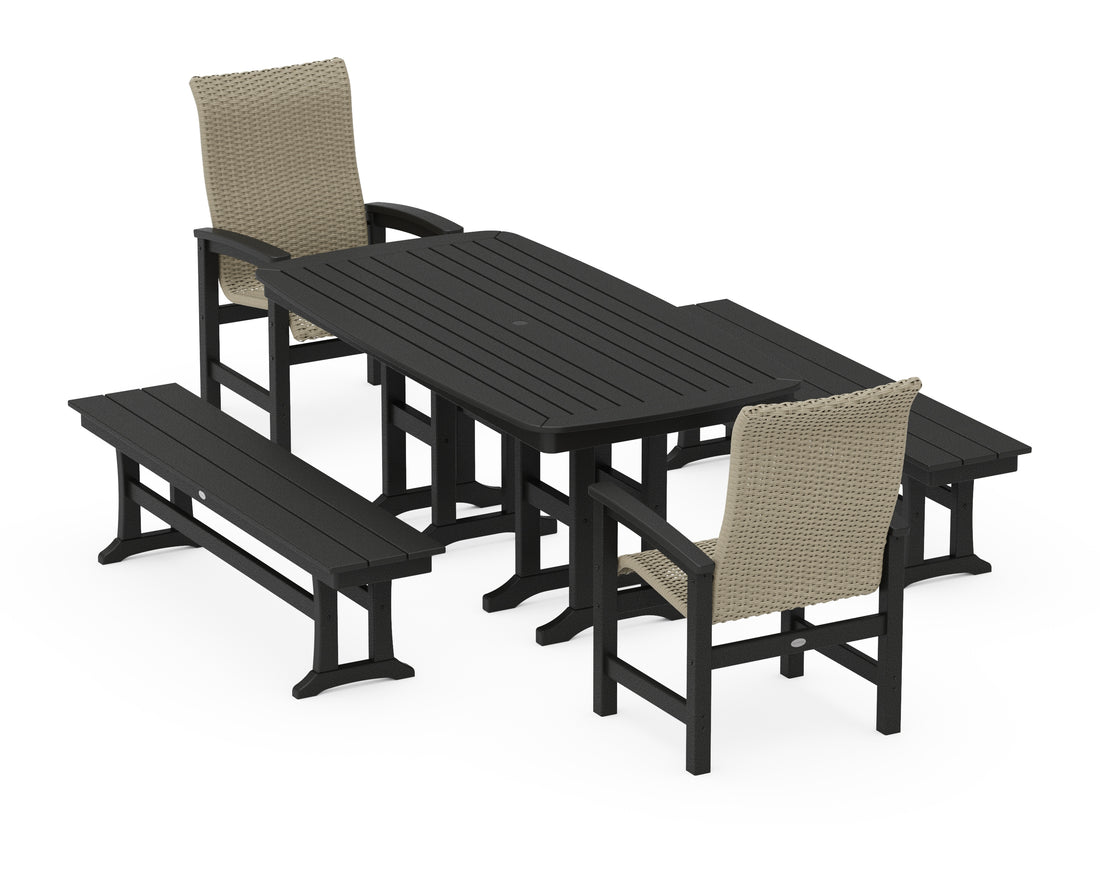 POLYWOOD Coastal Woven High-Back 5-Piece Dining Set with Benches in Black / Dune Grass