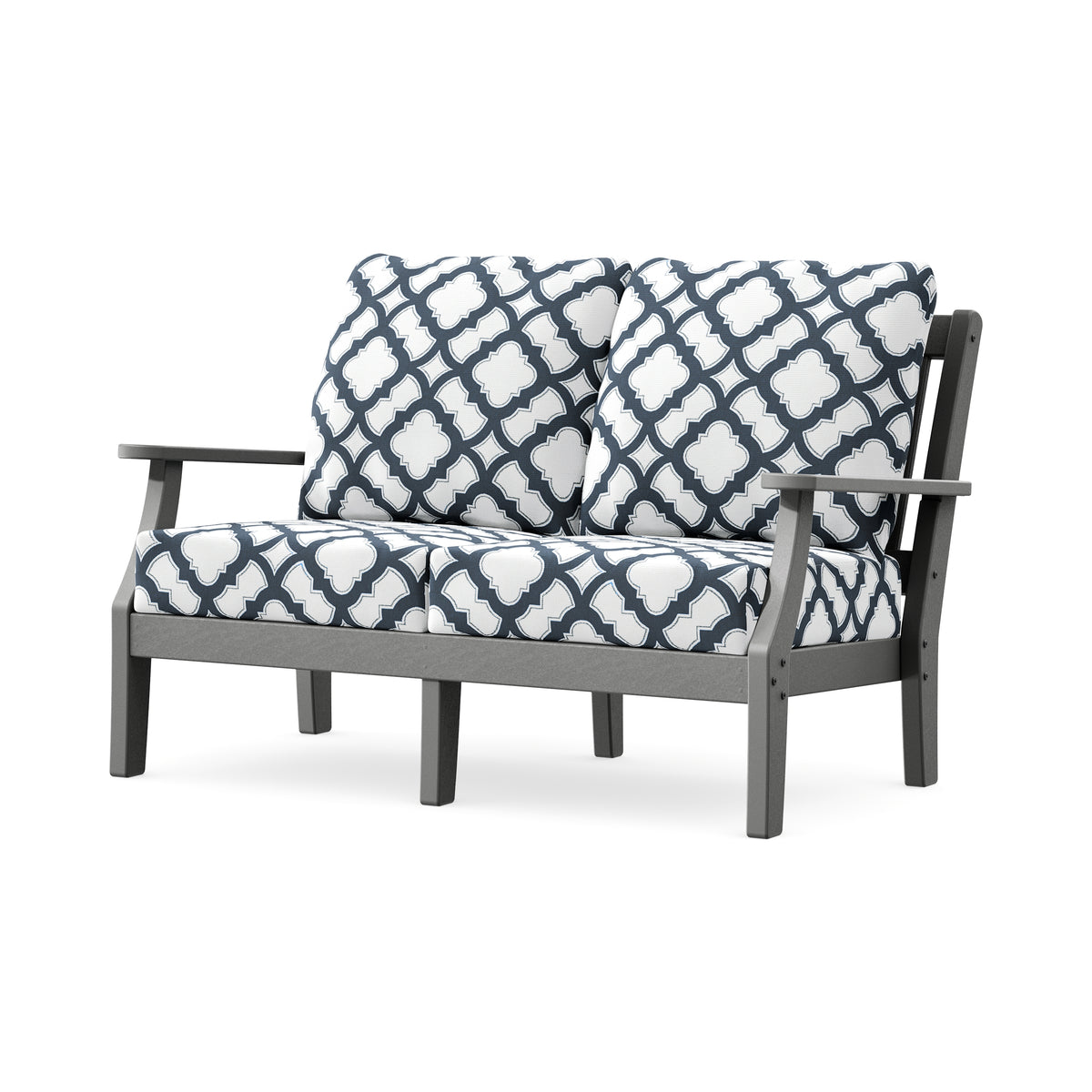 POLYWOOD Chinoiserie Deep Seating Loveseat in Slate Grey / Trellis Marine Indigo