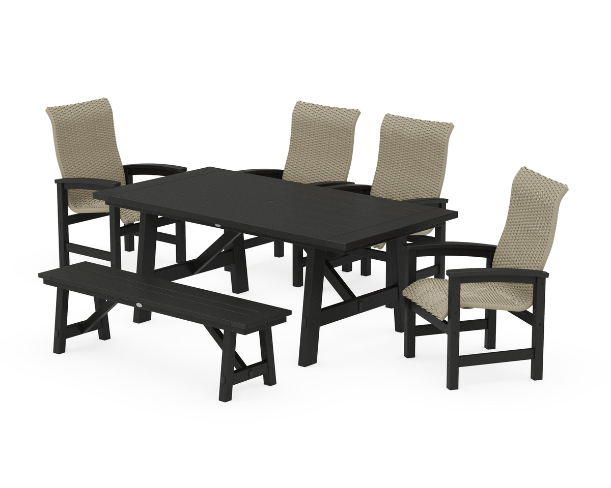 POLYWOOD Coastal Woven High-Back 6-Piece Rustic Farmhouse Dining Set with Bench in Black / Dune Grass