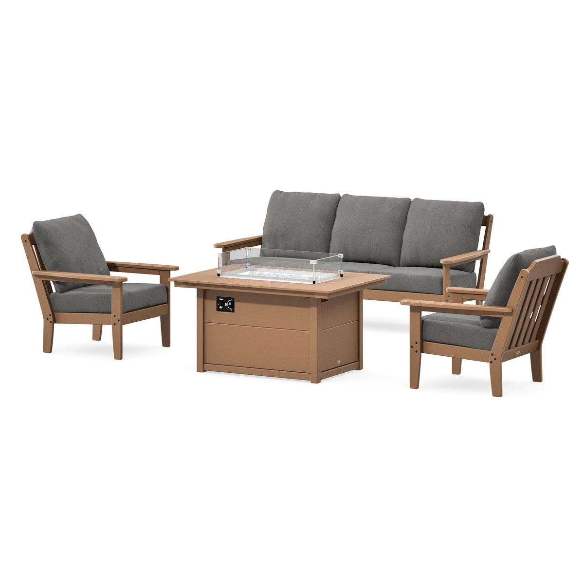 POLYWOOD Country Living Cottage Deep Seating Fire Pit Table Set in Teak