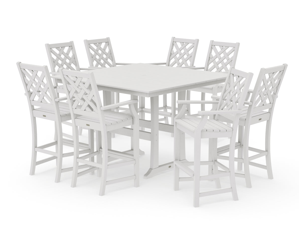 POLYWOOD Country Living Wovendale 9-Piece Square Farmhouse Bar Set with Trestle Legs in Vintage White
