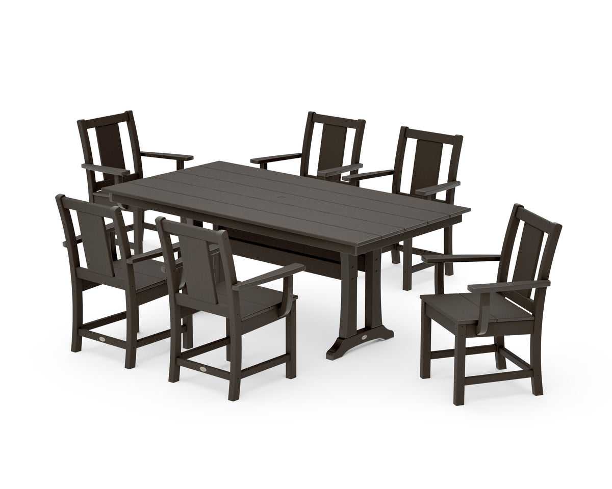 POLYWOOD Prairie Arm Chair 7-Piece Farmhouse Dining Set with Trestle Legs in Vintage Coffee