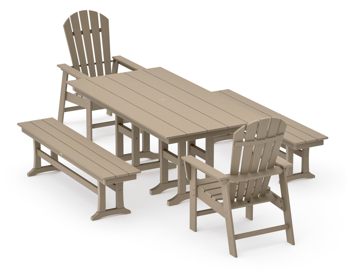 POLYWOOD South Beach 5-Piece Farmhouse Dining Set with Benches in Vintage Sahara