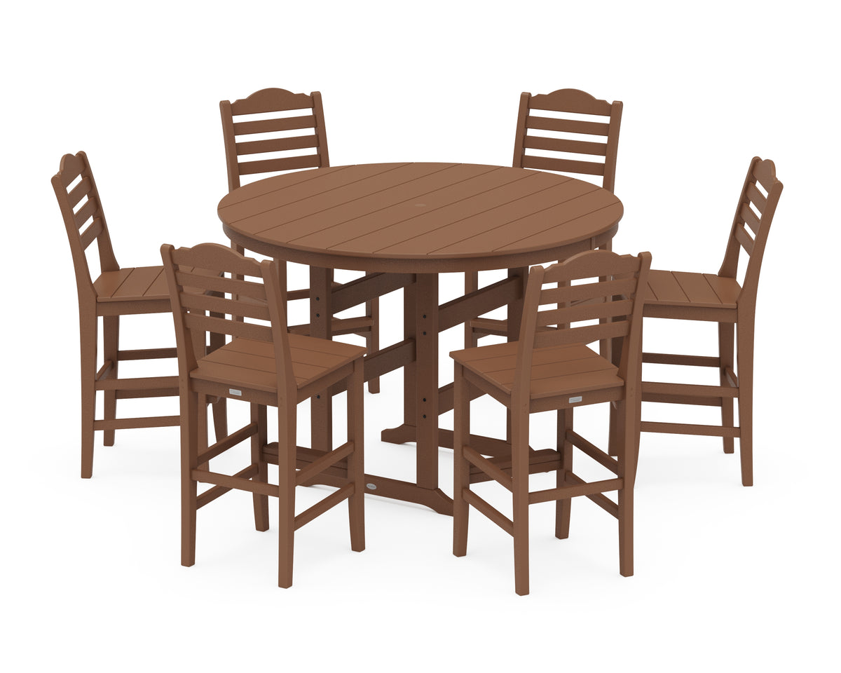 POLYWOOD Savannah 7-Piece Farmhouse Side Chair Round Bar Set in Teak