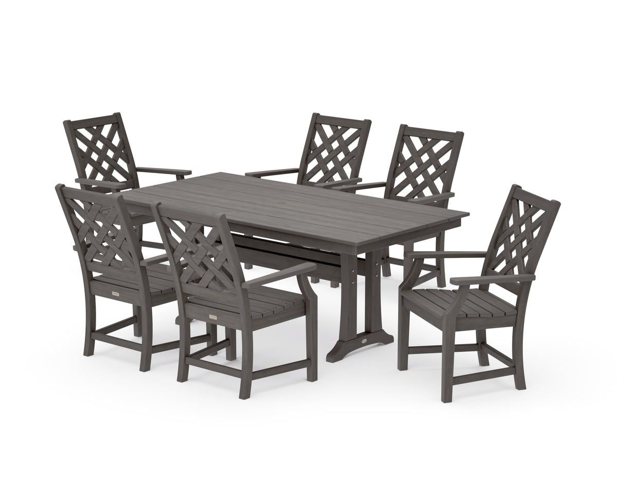 POLYWOOD Wovendale Arm Chair 7-Piece Farmhouse Dining Set with Trestle Legs in Driftwood