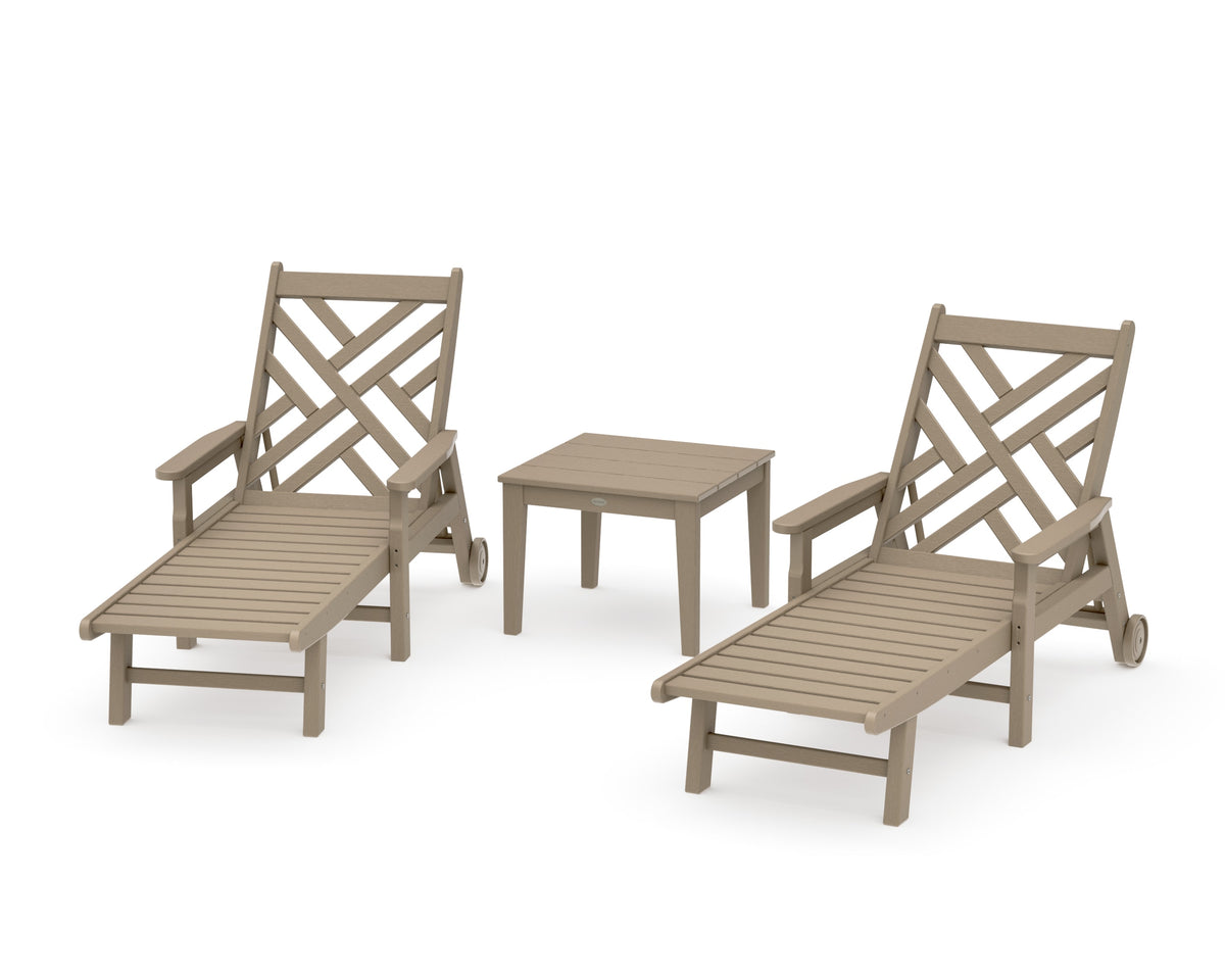 POLYWOOD Chippendale 3-Piece Chaise Set with Arms and Wheels in Vintage Sahara