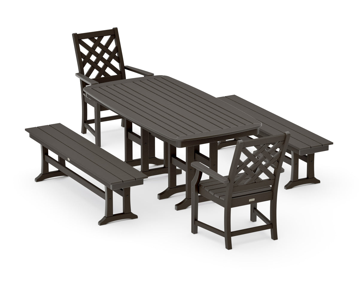 POLYWOOD Wovendale 5-Piece Dining Set with Benches in Vintage Coffee