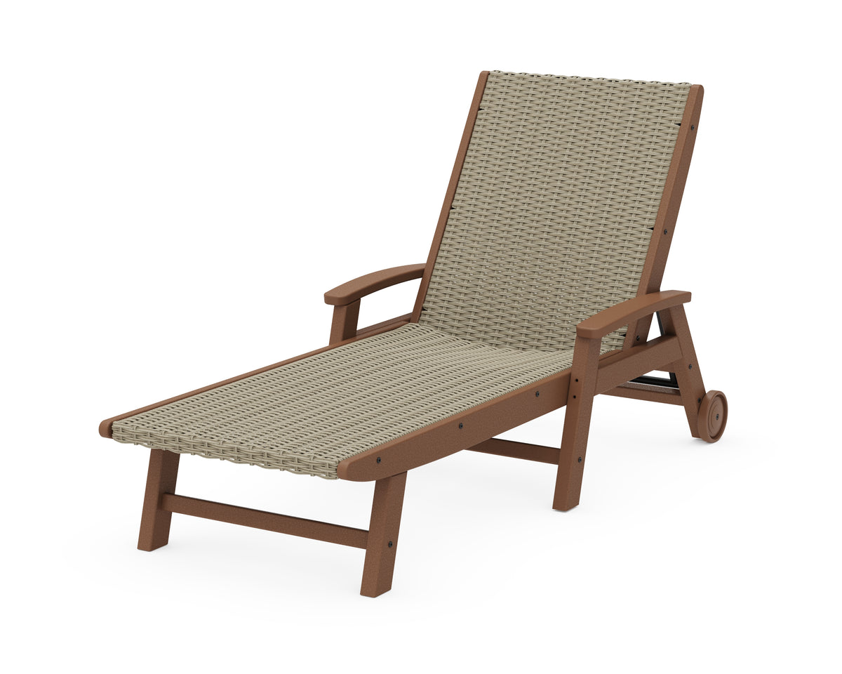 POLYWOOD Coastal Woven Chaise with Arms and Wheels in Teak / Dune Grass