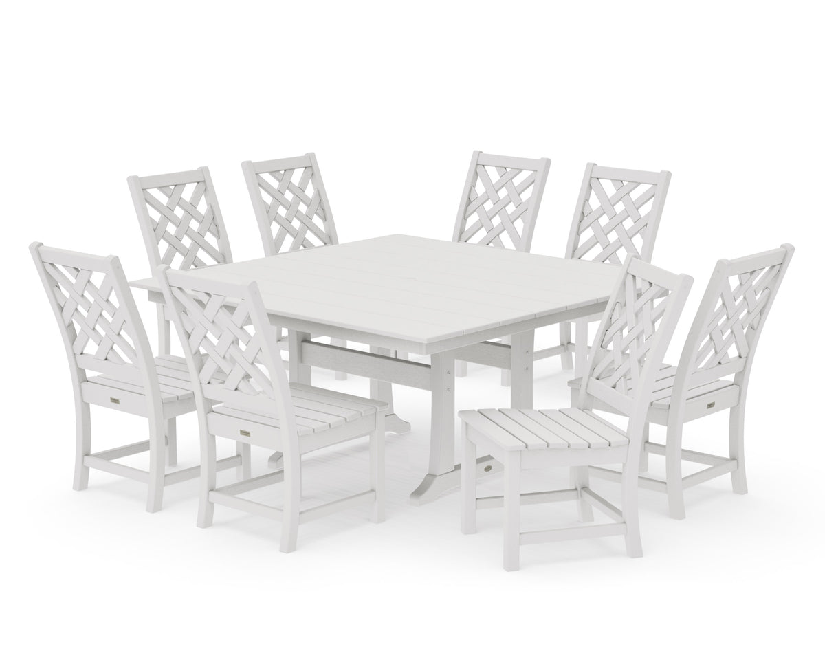 POLYWOOD Wovendale Side Chair 9-Piece Square Farmhouse Dining Set with Trestle Legs in Vintage White