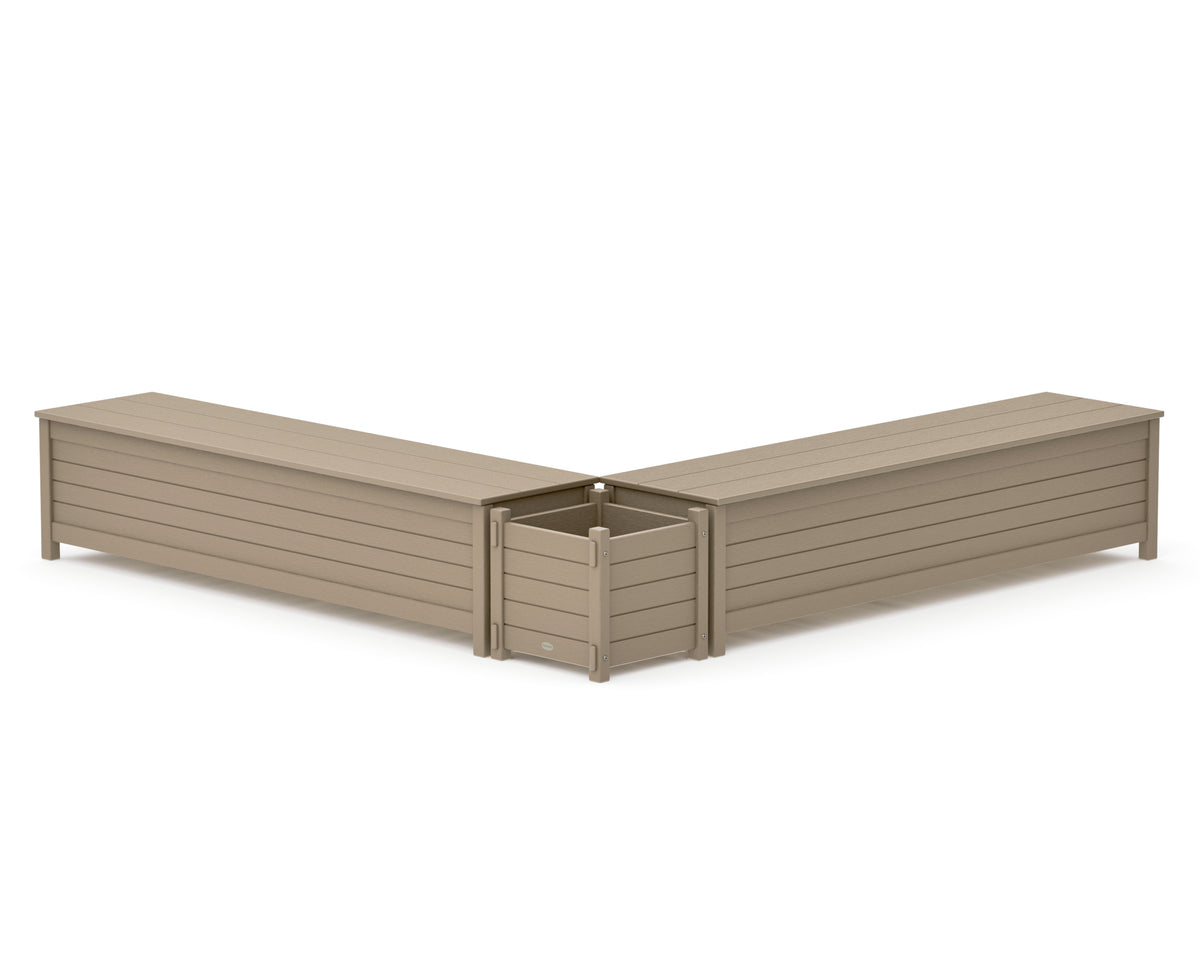 POLYWOOD 72" Nautical L-Shaped Planter Storage Bench Set in Vintage Sahara