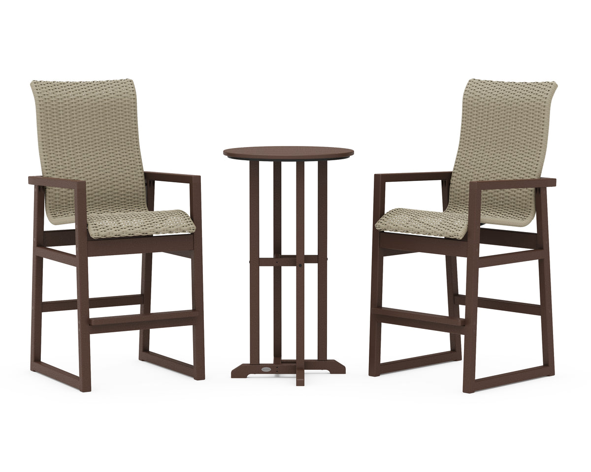 POLYWOOD EDGE Woven Highback 3-Piece Farmhouse Bar Set in Mahogany / Dune Grass