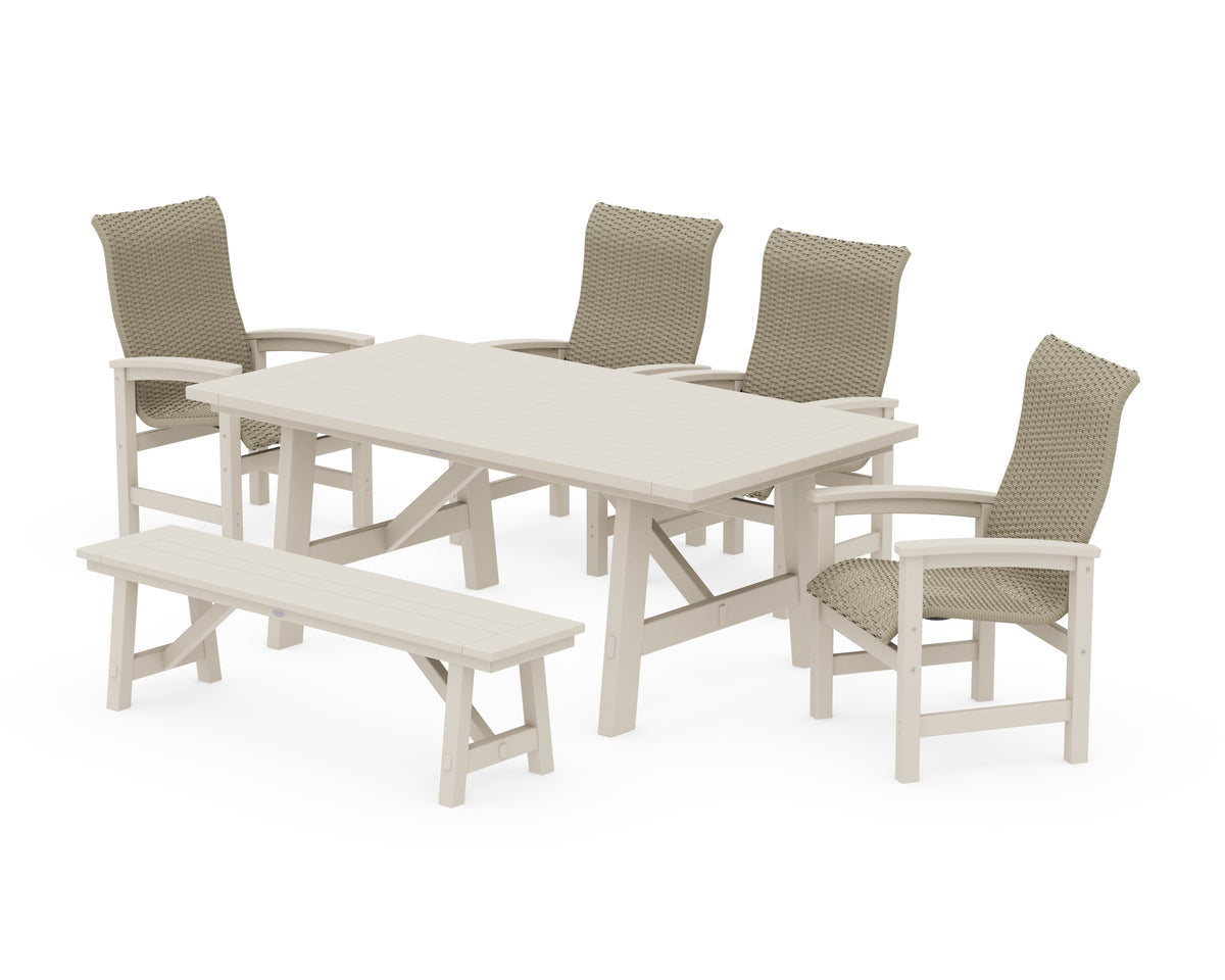POLYWOOD Coastal Woven High-Back 6-Piece Rustic Farmhouse Dining Set with Bench in Sand / Dune Grass