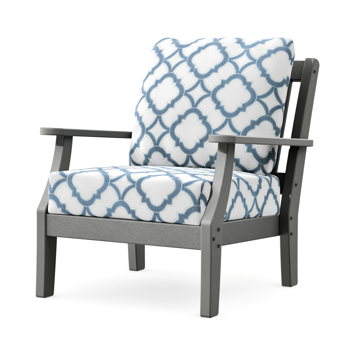 POLYWOOD Chinoiserie Deep Seating Chair in Slate Grey / Trellis Sky Blue