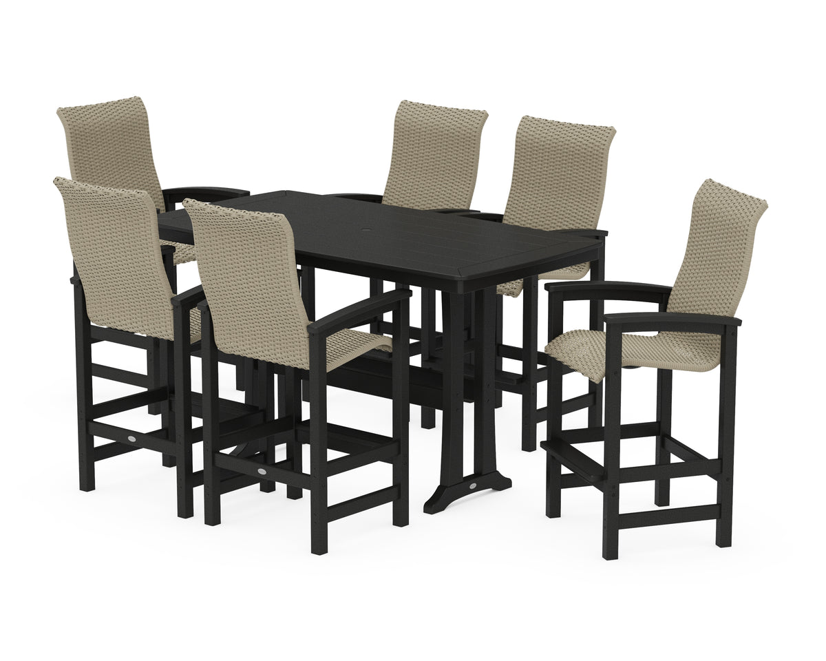POLYWOOD Coastal Woven High-Back Arm Chair 7-Piece Bar Set with Trestle Legs in Black / Dune Grass