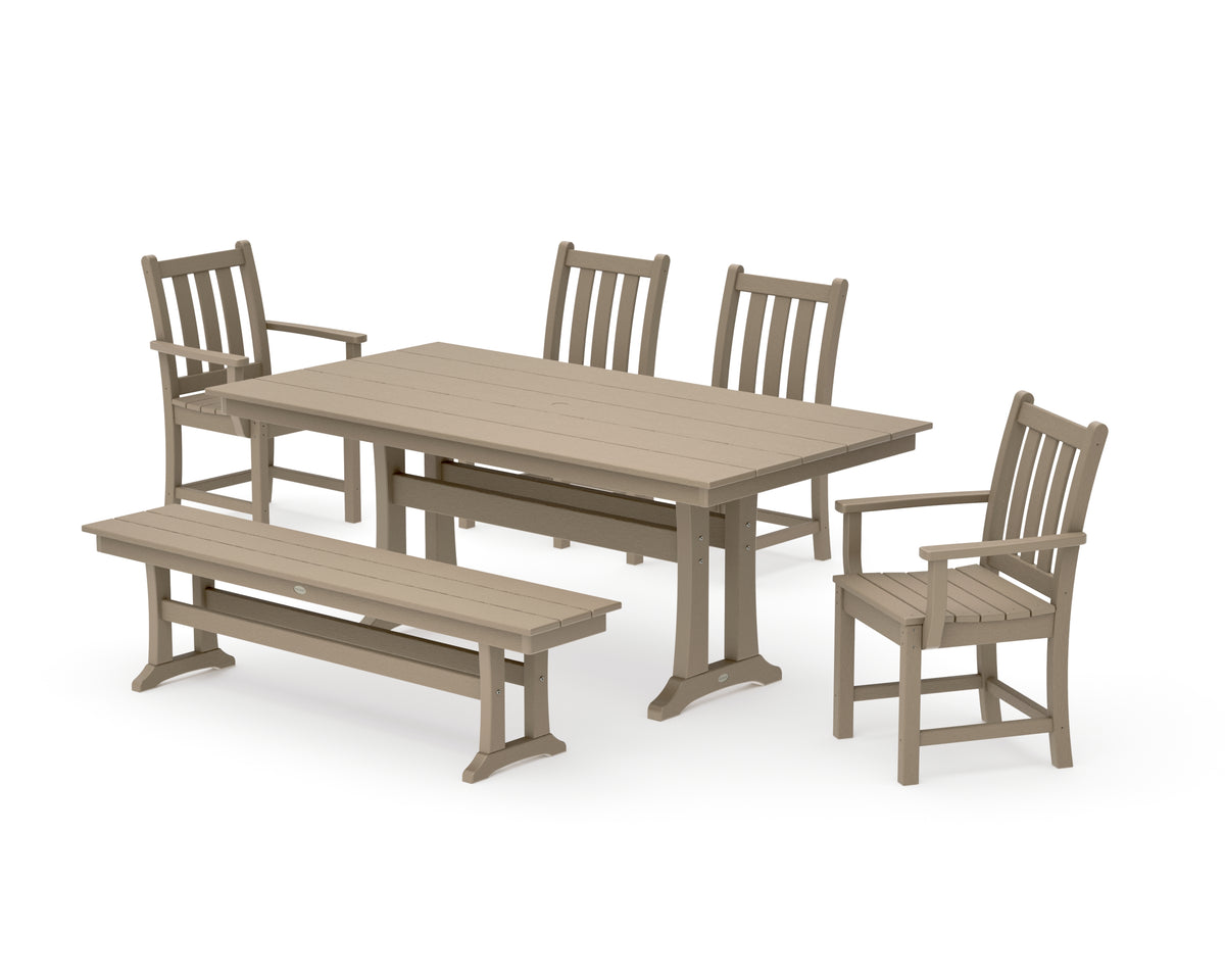 POLYWOOD Traditional Garden 6-Piece Farmhouse Dining Set with Trestle Legs and Bench in Vintage Sahara
