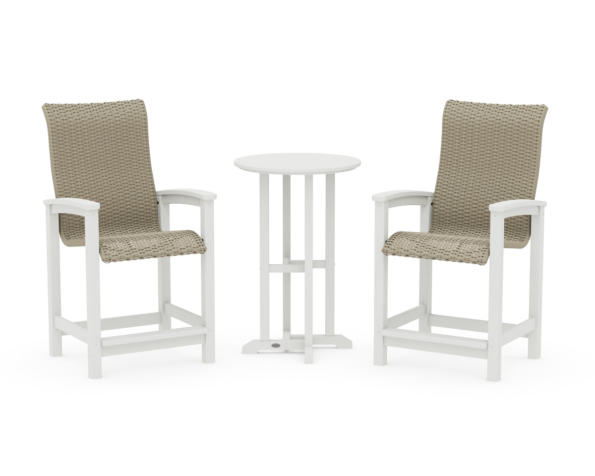 POLYWOOD Coastal Woven High-Back 3-Piece Farmhouse Counter Set in Vintage White / Dune Grass