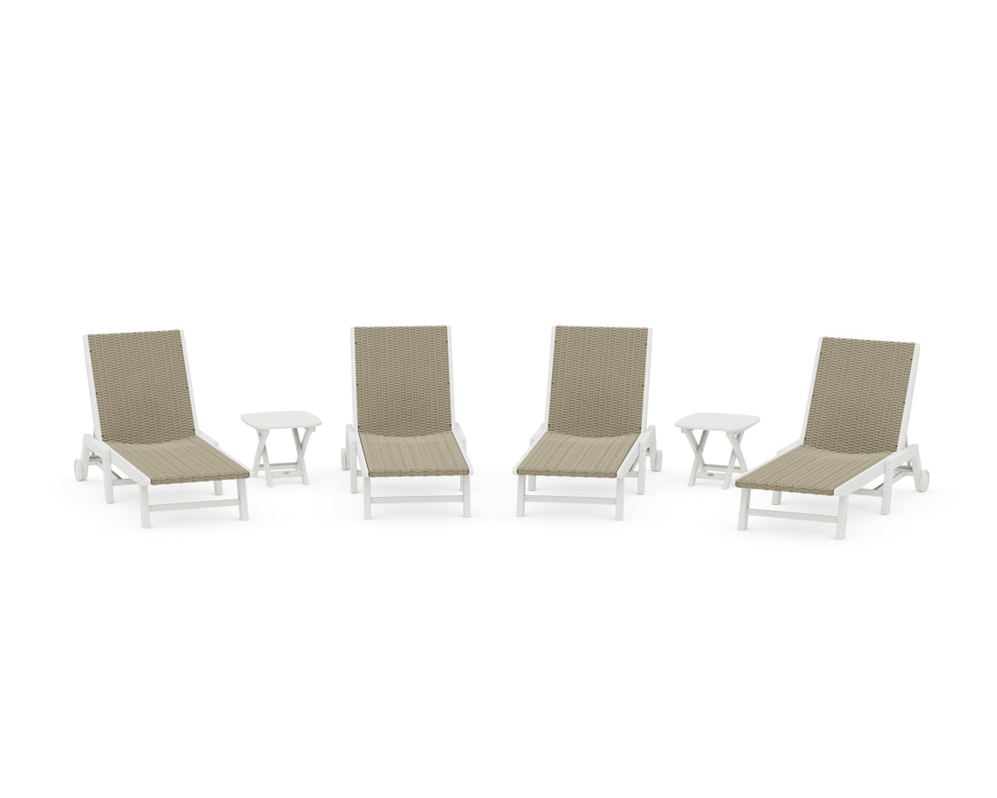 POLYWOOD 6-Piece Coastal Woven Chaise with Wheels Lounge Set in White / Dune Grass