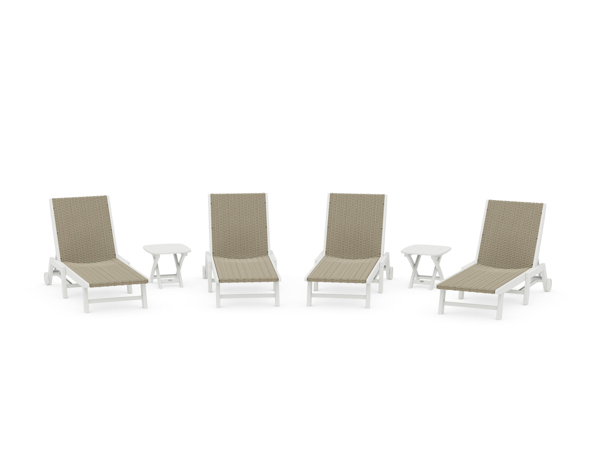POLYWOOD 6-Piece Coastal Woven Chaise with Wheels Lounge Set in White / Dune Grass