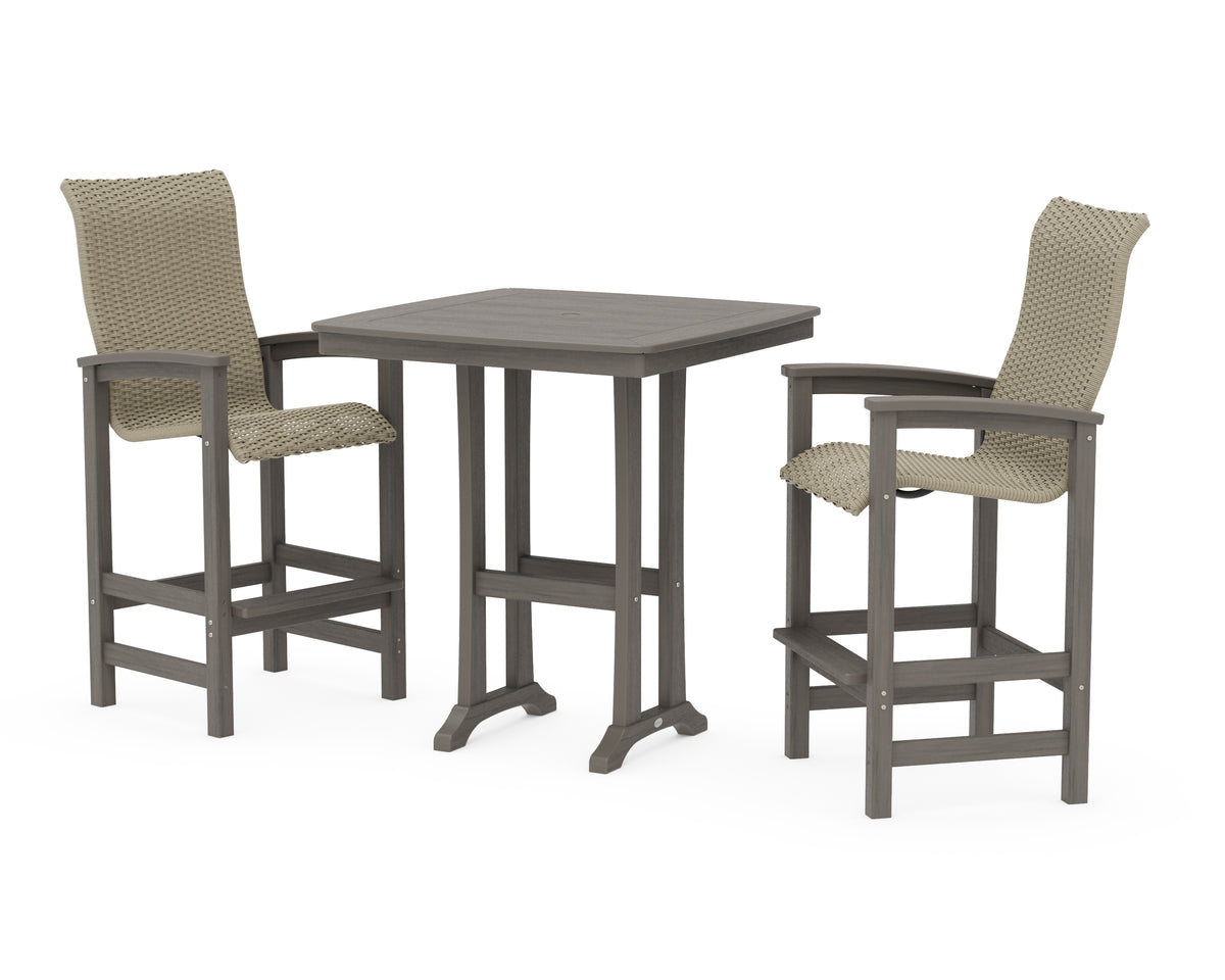 POLYWOOD Coastal Woven High-Back 3-Piece Bar Set in Driftwood / Dune Grass