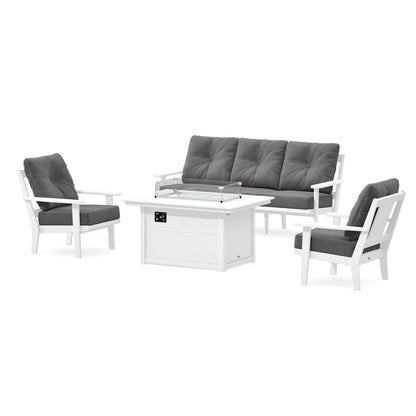 POLYWOOD Prairie Deep Seating Fire Pit Table Set in Vintage White