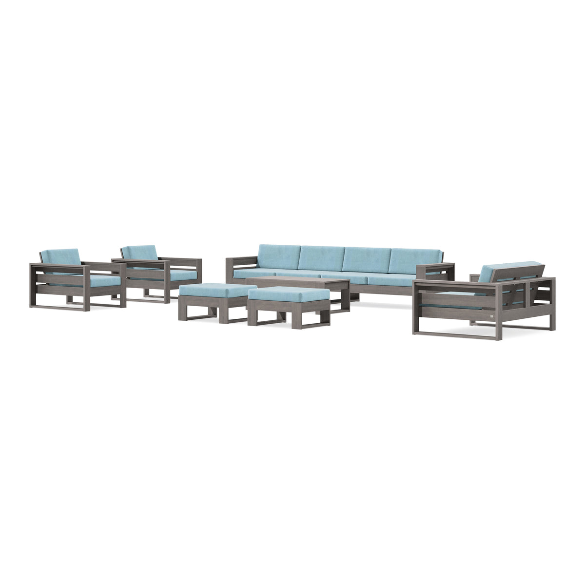 POLYWOOD PW Designer Series Latitude 8-Piece Lounge Sofa Set in Driftwood / Lattice Sky Blue