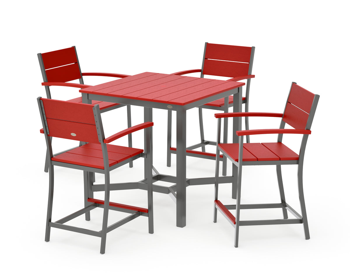 POLYWOOD Main Street 5-Piece Counter Set in Charcoal / Sunset Red