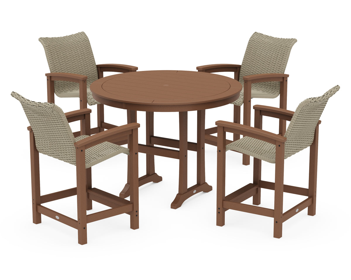 POLYWOOD Coastal Woven 5-Piece Round Counter Set in Teak / Dune Grass