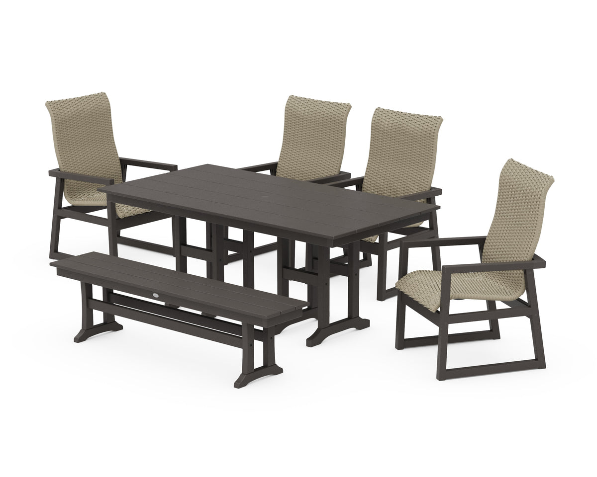 POLYWOOD EDGE Woven High-Back 6-Piece Farmhouse Dining Set with Bench in Vintage Coffee / Dune Grass