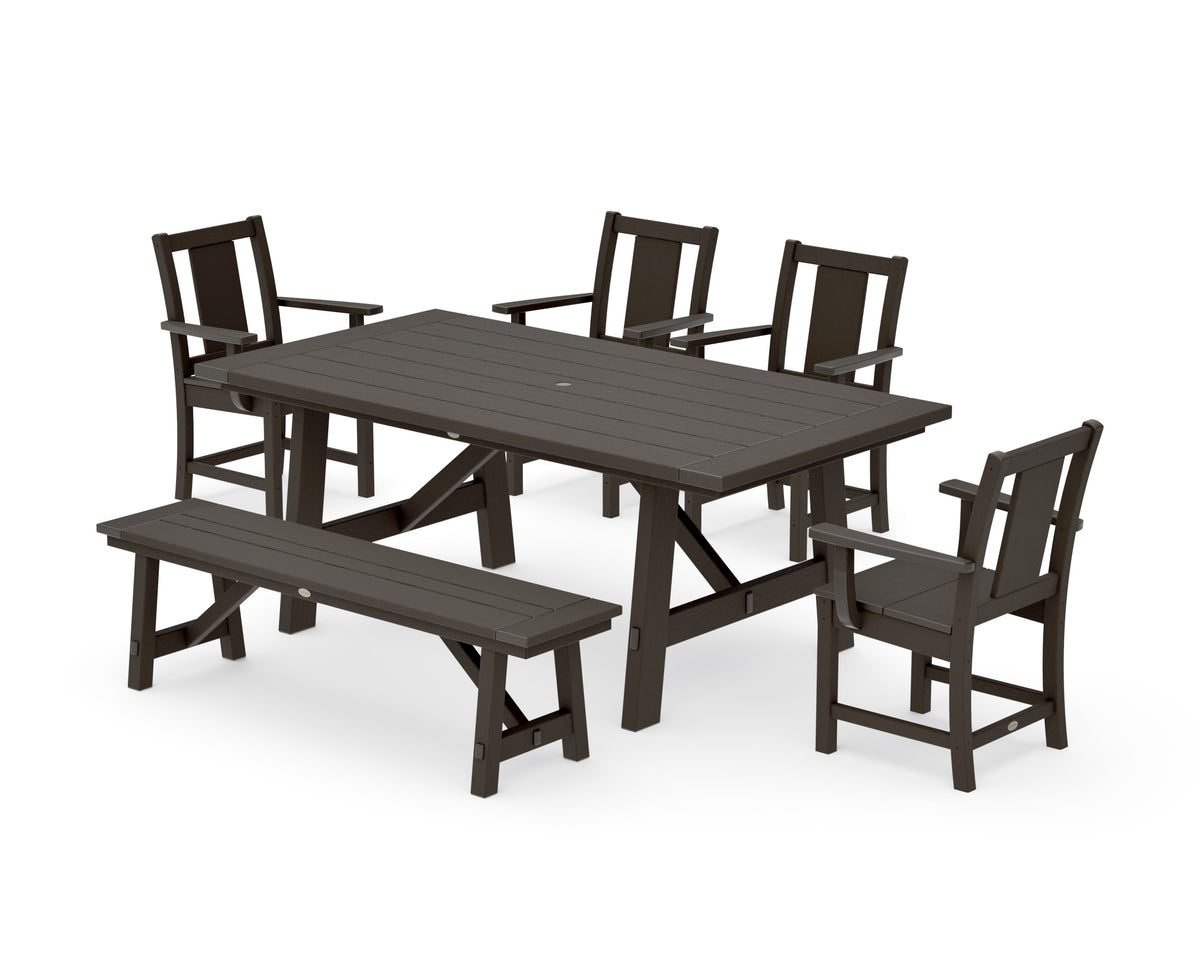 POLYWOOD Prairie 6-Piece Rustic Farmhouse Dining Set with Bench in Vintage Coffee