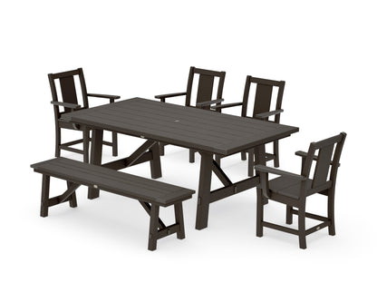 POLYWOOD Prairie 6-Piece Rustic Farmhouse Dining Set with Bench in Vintage Coffee