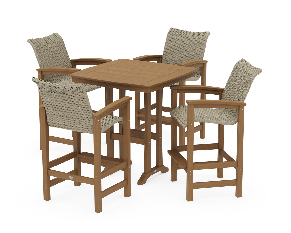 POLYWOOD Coastal Woven 5-Piece Bar Set with Trestle Legs in Natural / Dune Grass