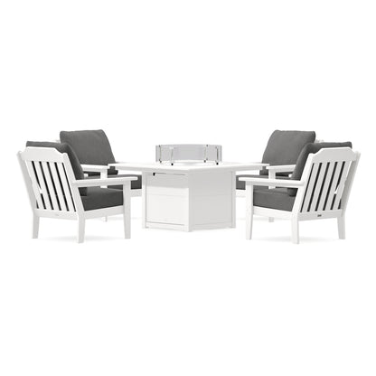 POLYWOOD Country Living Cottage 5-Piece Deep Seating Set with Fire Pit Table in Vintage White