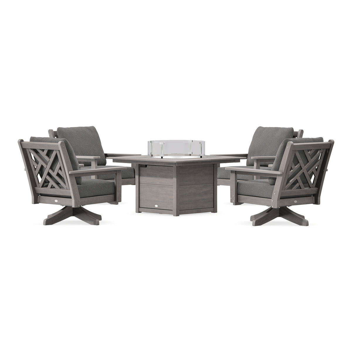 POLYWOOD Chippendale 5-Piece Deep Seating Swivel Conversation Set with Fire Pit Table in Driftwood