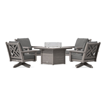 POLYWOOD Chippendale 5-Piece Deep Seating Swivel Conversation Set with Fire Pit Table in Driftwood