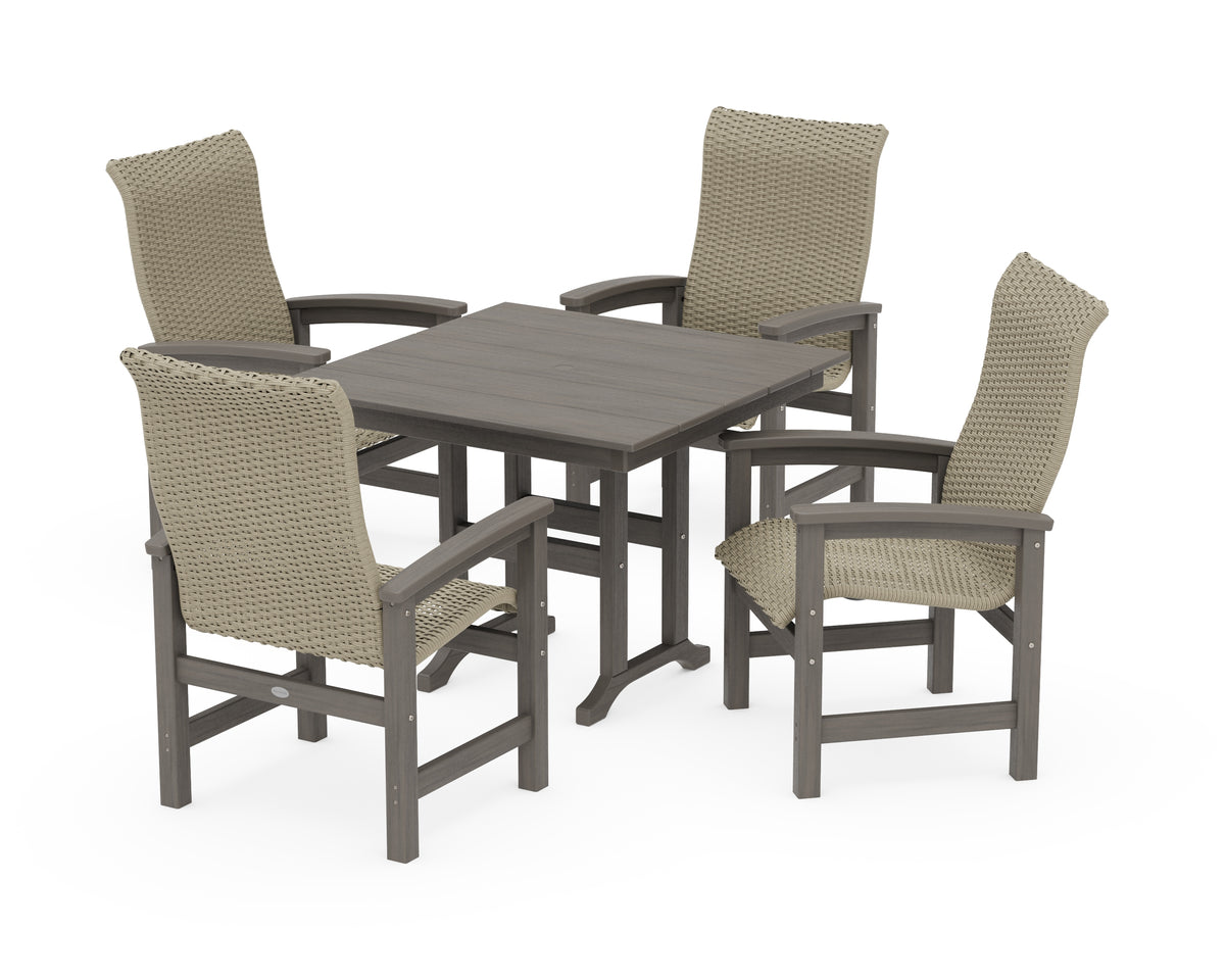 POLYWOOD Coastal Woven High-Back 5-Piece Farmhouse Dining Set in Driftwood / Dune Grass