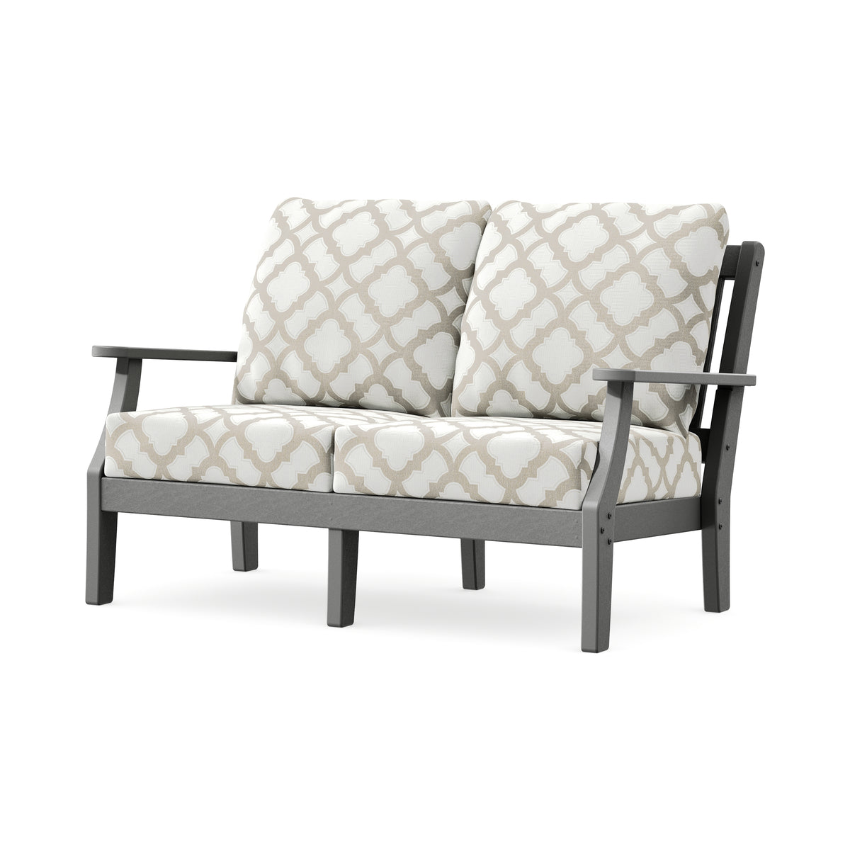 POLYWOOD Chinoiserie Deep Seating Loveseat in Slate Grey / Trellis Dune Burlap