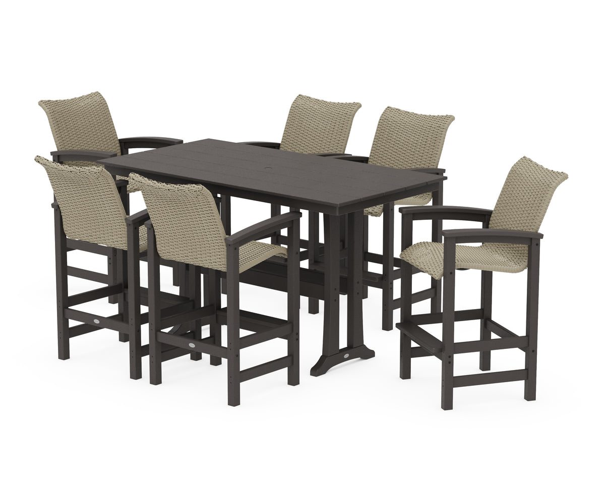 POLYWOOD Coastal Woven Arm Chair 7-Piece Farmhouse Bar Set with Trestle Legs in Vintage Coffee / Dune Grass