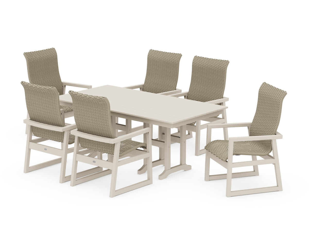 POLYWOOD EDGE Woven High-Back Arm Chair 7-Piece Farmhouse Dining Set in Sand / Dune Grass