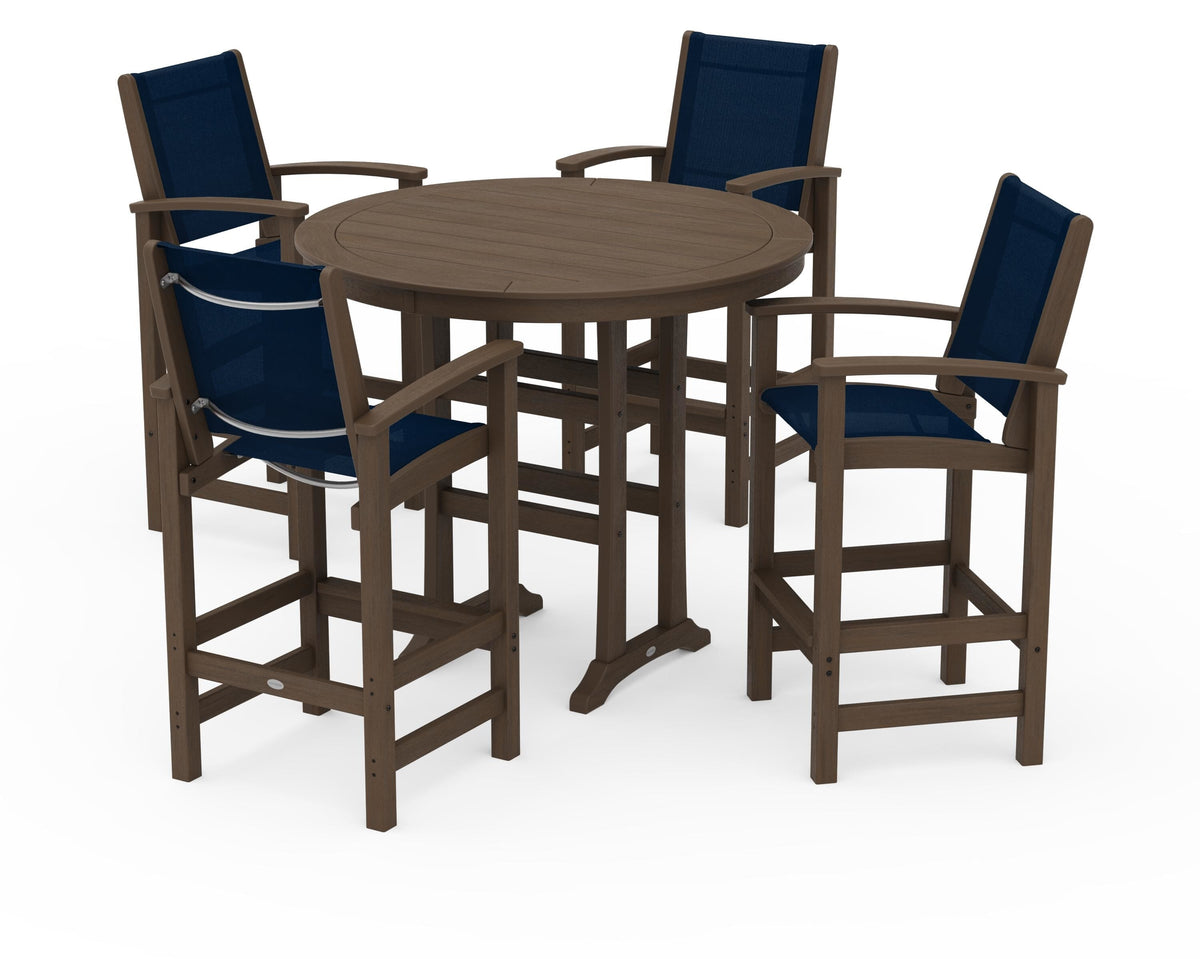 POLYWOOD Coastal 5-Piece Nautical Trestle Bar Set in Kona / Navy Blue