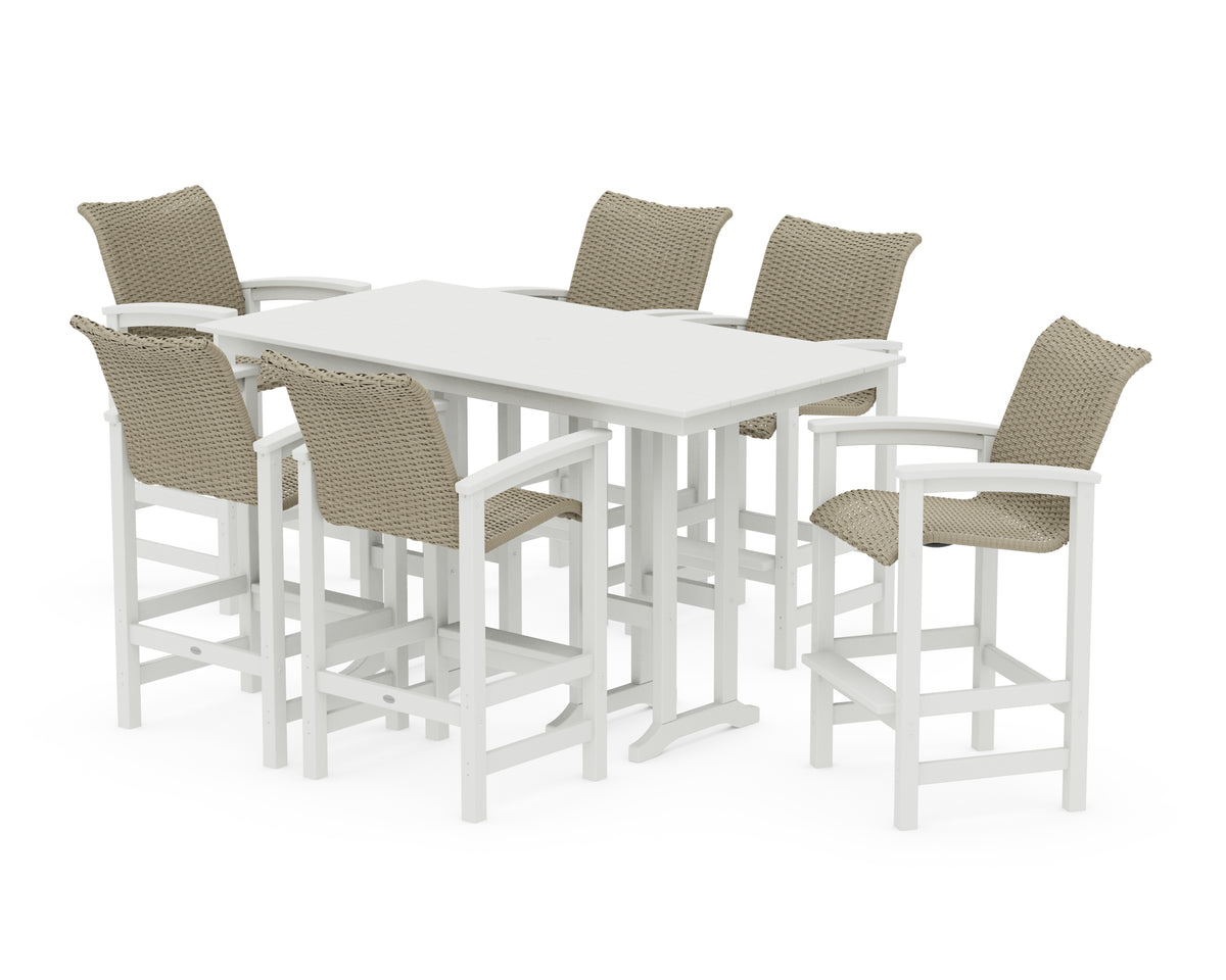 POLYWOOD Coastal Woven Arm Chair 7-Piece Farmhouse Bar Set in White / Dune Grass