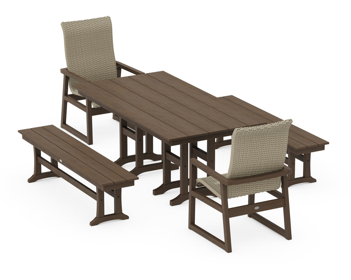 POLYWOOD EDGE Woven High-Back 5-Piece Farmhouse Dining Set with Benches in Kona / Dune Grass